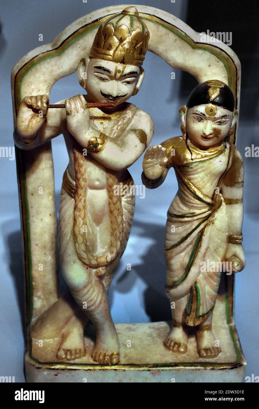 Krishna and Radha (Radha`s love for Krishna symbolis man`s submission to surrender to God 19th Century Alabaster  India, Indian, ( Radha Krishna is the combined forms of feminine and masculine realities of God in Hinduism. ) Stock Photo